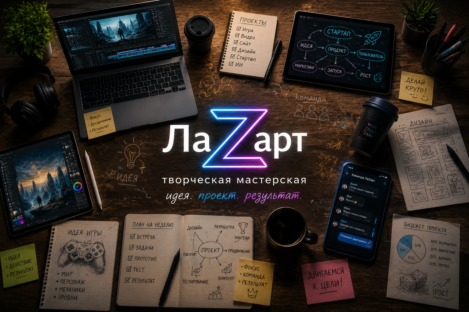 Рабочий стол мастерской ЛаZарт: ноутбук, планшеты, заметки и эскизы проектов